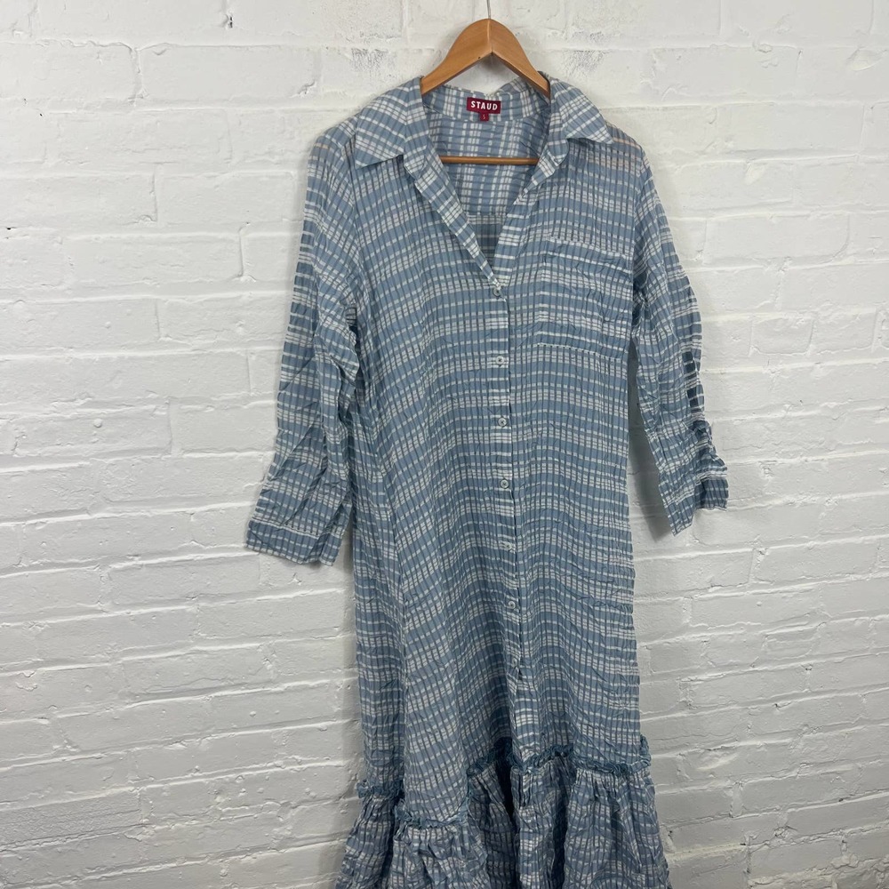 STAUD Women's Collared Striped Button Up Long Maxi Dress Blue White Size S
